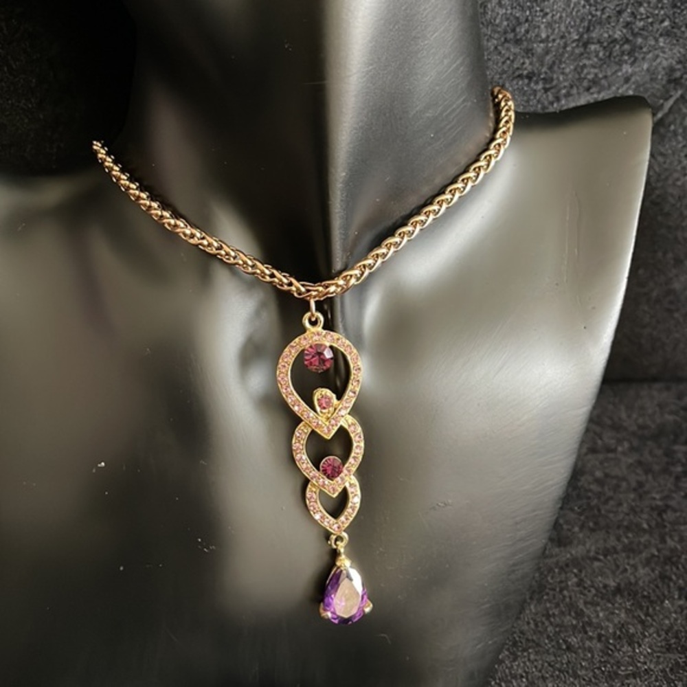 Gold rose amethyst drop tear pendant chain necklace